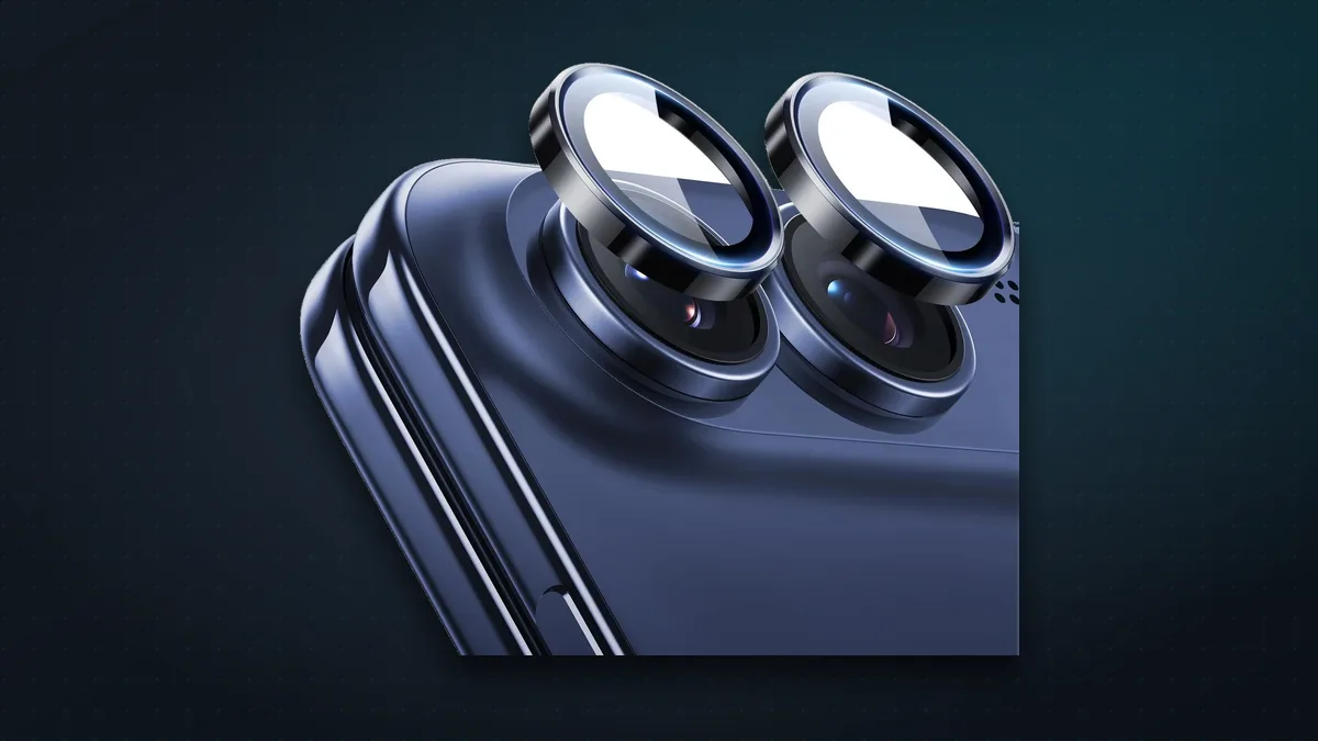 ESR Armorite camera lens protector rings on a blue iPhone Duo
