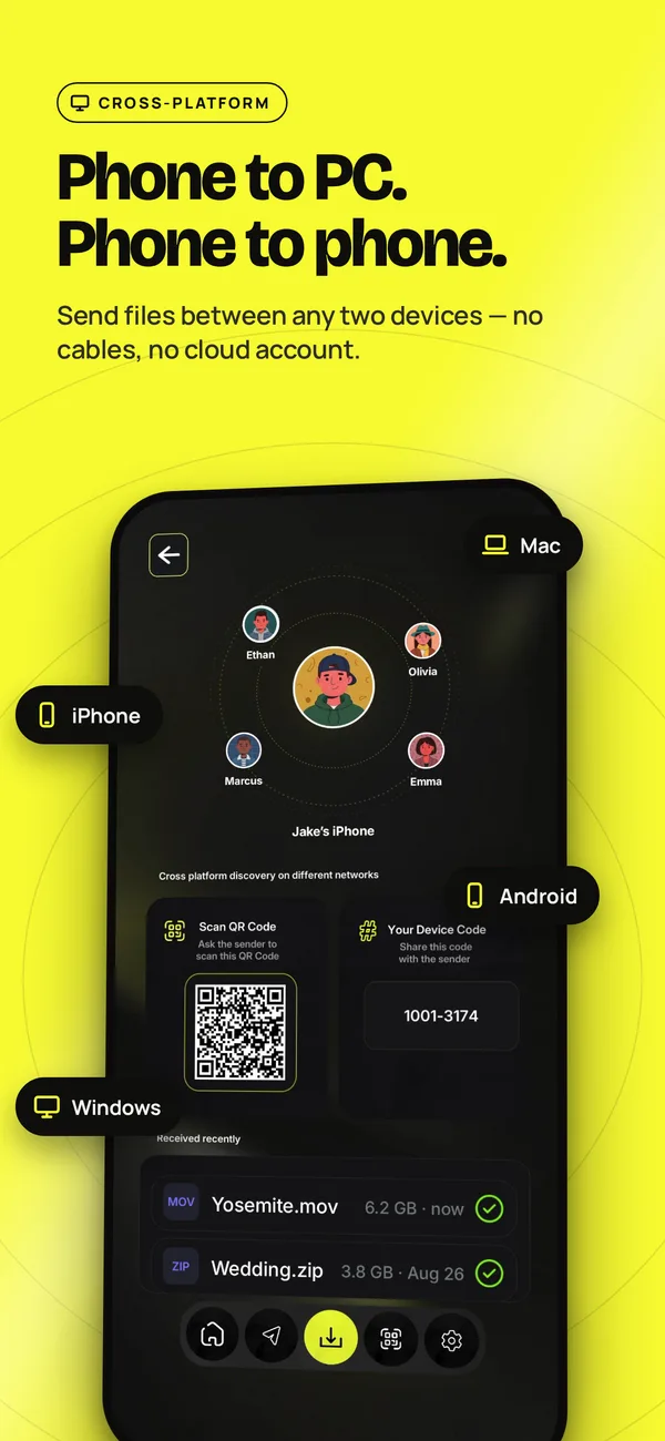 AirLan connecting to nearby devices by QR code or device code