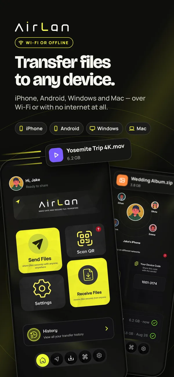 AirLan home screen on iPhone with Send Files, Scan QR and Receive Files buttons