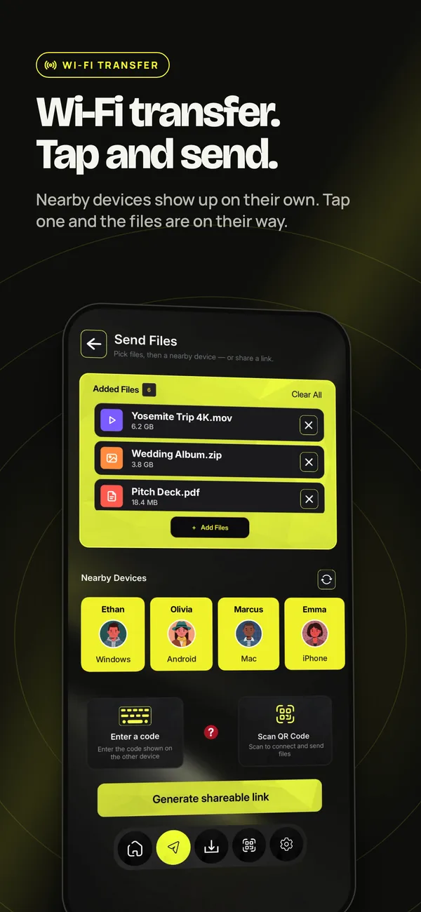 AirLan send screen listing nearby Windows, Android, Mac and iPhone devices