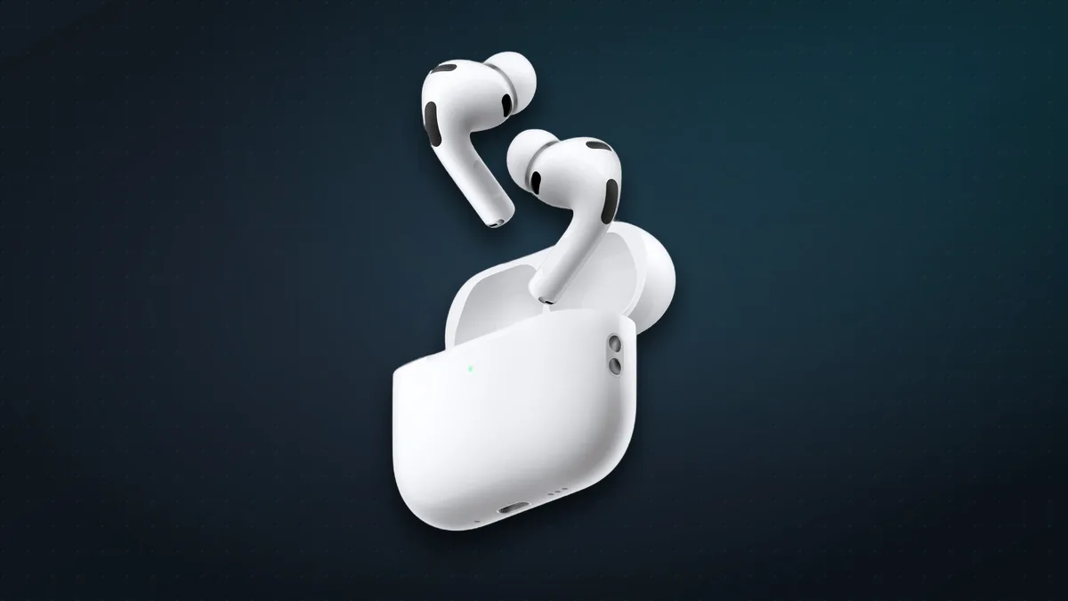 AirPods Pro 3 earbuds above their charging case