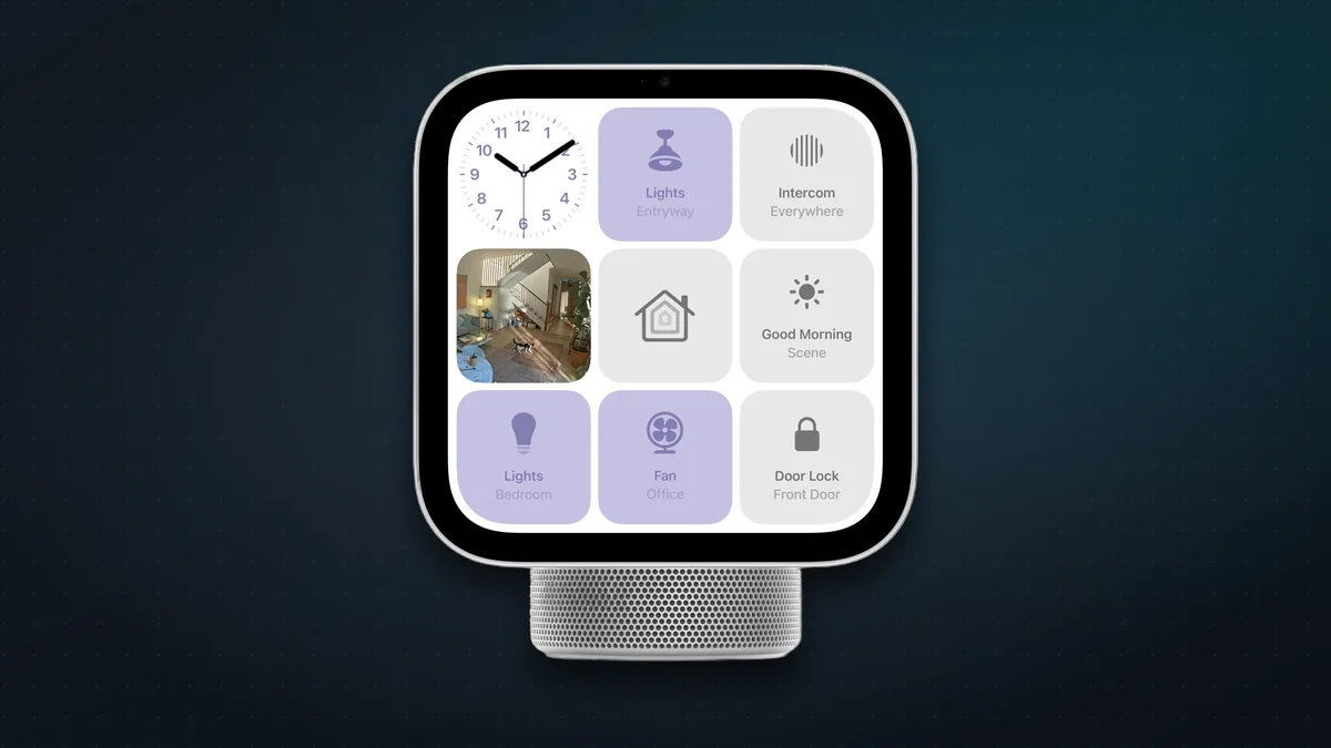 Apple HomeView showing its smart home controls on a 7-inch screen above a speaker base