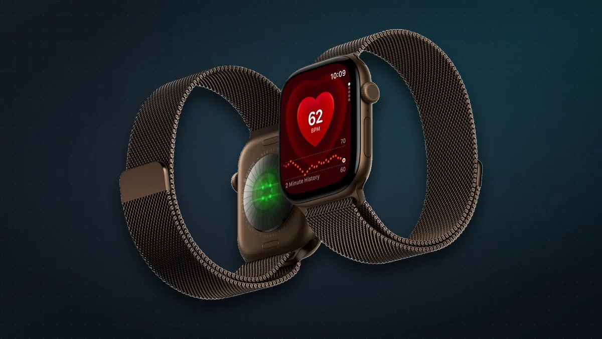 Two Apple Watch Series 12 models on a Milanese loop, one showing the Heart Rate app