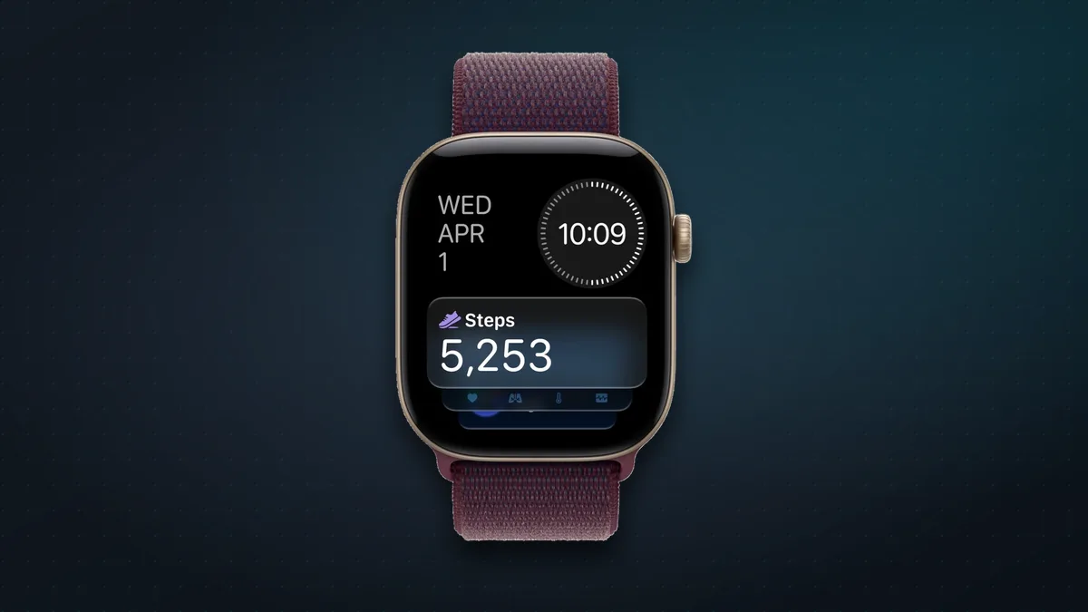Apple Watch showing the Smart Stack with a Steps widget below the date and time