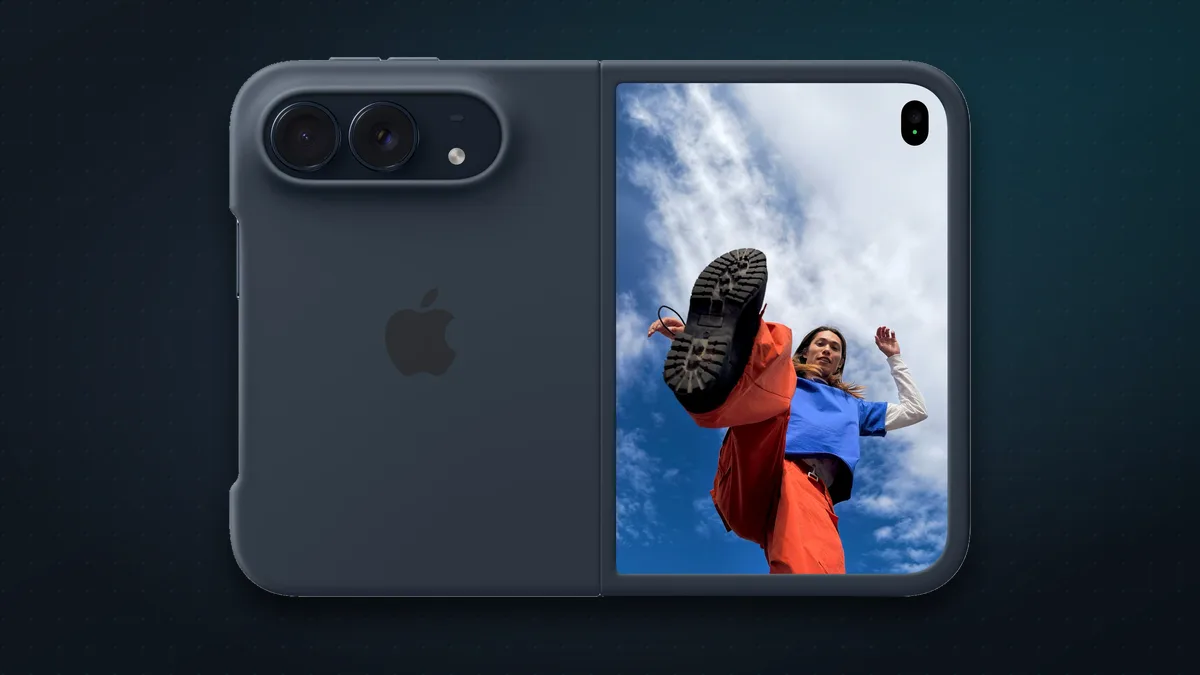 Apple's navy iPhone Duo Case on an unfolded iPhone Duo
