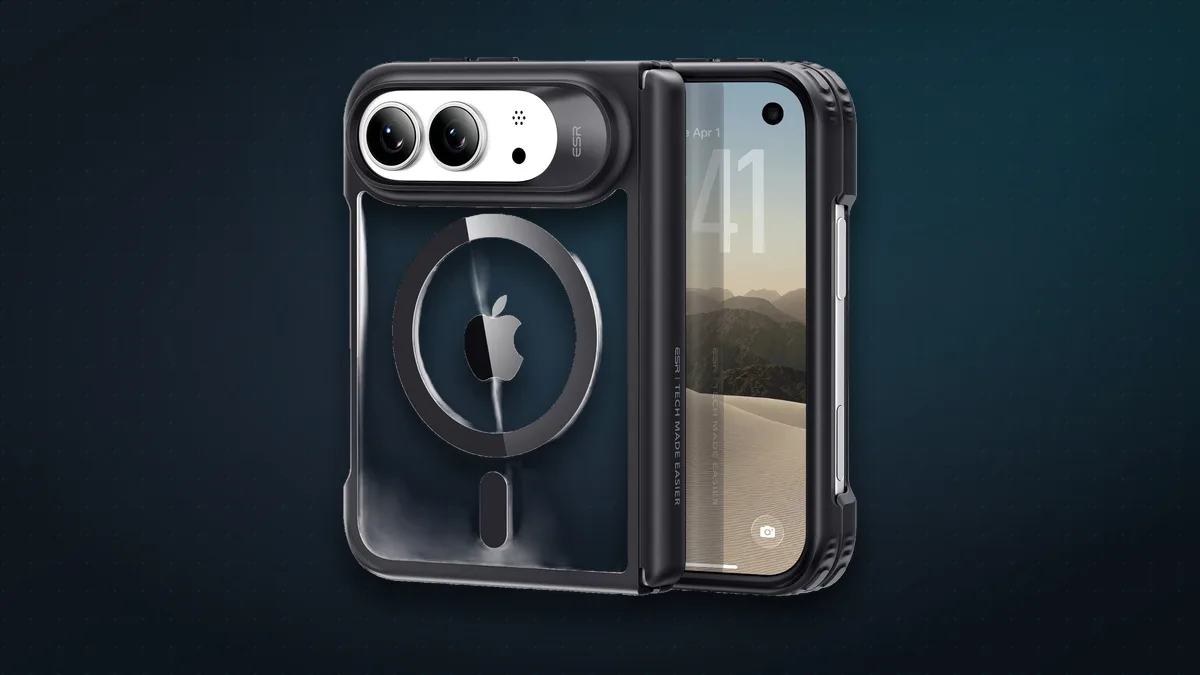 ESR Classic Hybrid clear case with black frame on an iPhone Duo, half open