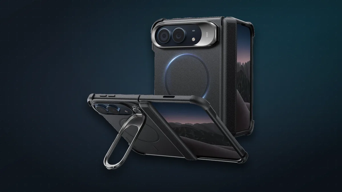 Two iPhone Duos in black ESR Cyber Tough cases, one standing on its fold-out stand