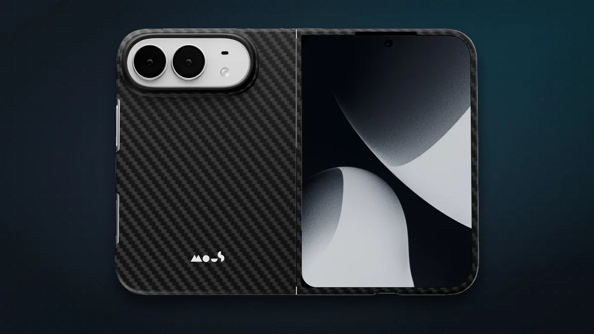 Mous Ultra Thin aramid fibre case on an unfolded iPhone Duo