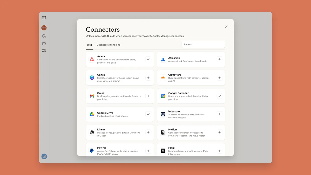 The Connectors window in Claude, listing Asana, Atlassian, Canva, Gmail, Google Calendar, Google Drive, Linear, Notion and more