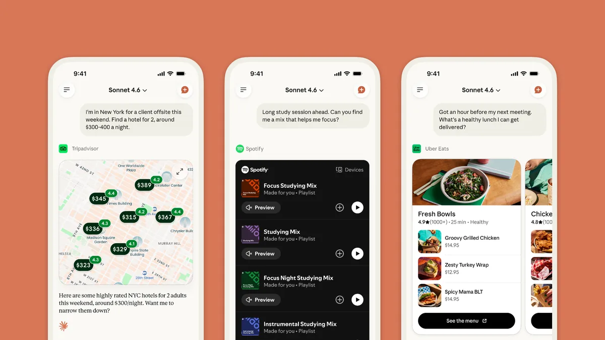 Three phones showing Claude using the Tripadvisor, Spotify and Uber Eats connectors