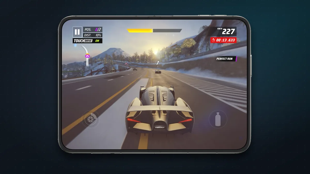 iPhone Duo open flat in landscape running the racing game Asphalt Legends