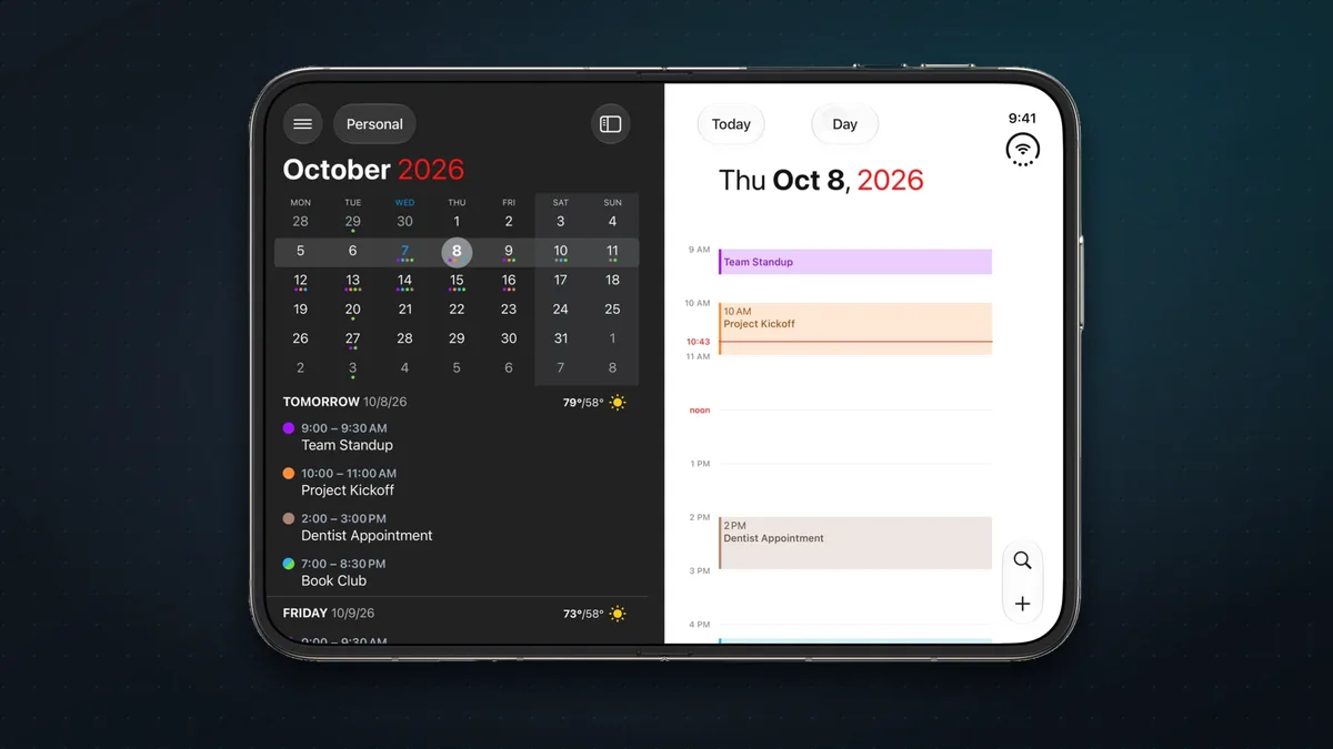 iPhone Duo open flat showing Fantastical's month view and day timeline side by side