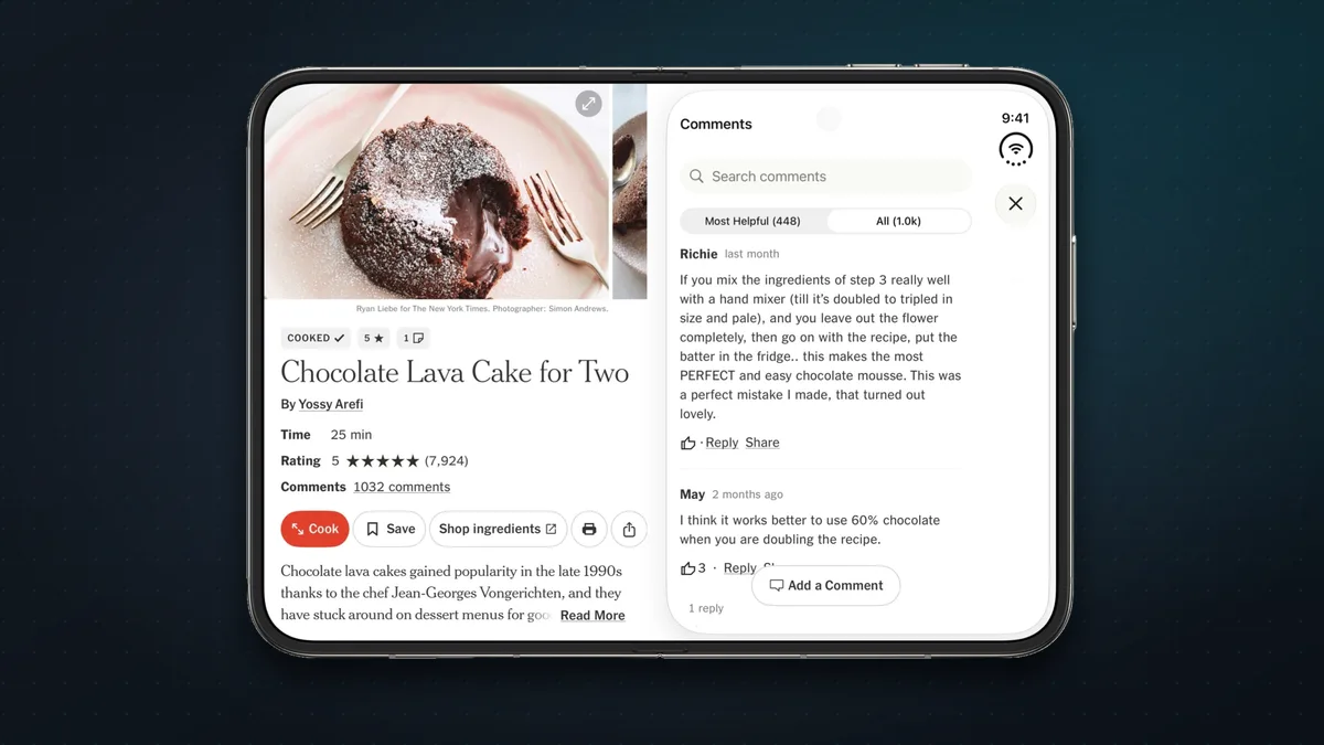 iPhone Duo open showing an NYT Cooking chocolate lava cake recipe with comments alongside