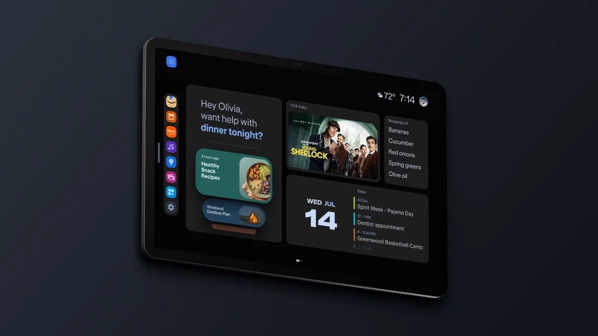 Echo Show 16 showing recipes, a calendar and a TV show on its home screen