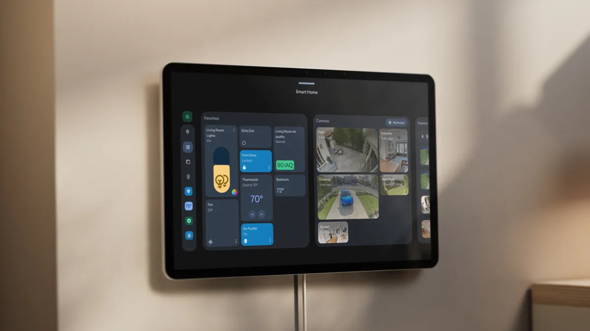 Echo Show 16 on a wall showing its smart home dashboard with lights, locks and camera feeds