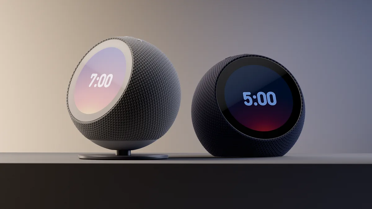 Two Echo Time clocks, one showing 7:00 in a sunrise glow and one showing 5:00