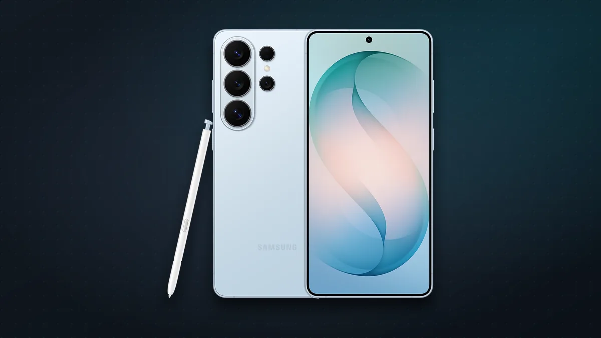 Samsung Galaxy S26 Ultra in Sky Blue, front and back, with its S Pen