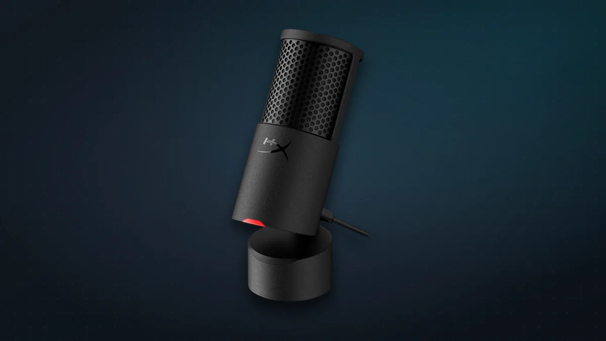 HyperX SoloCast 2 USB microphone on its built-in stand