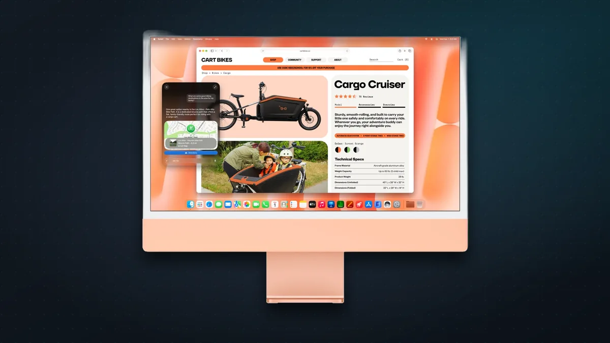 iMac with M6 in orange showing a shopping page in Safari with Siri AI open