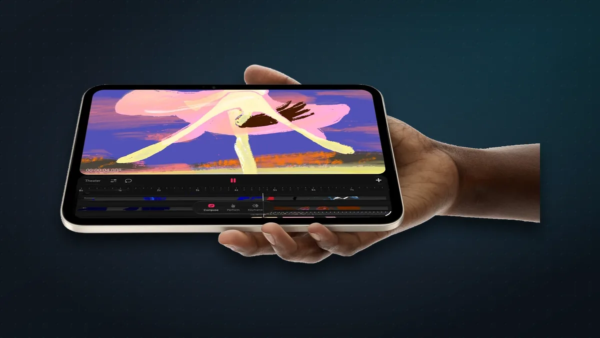 New iPad mini held sideways running the animation app Procreate Dreams