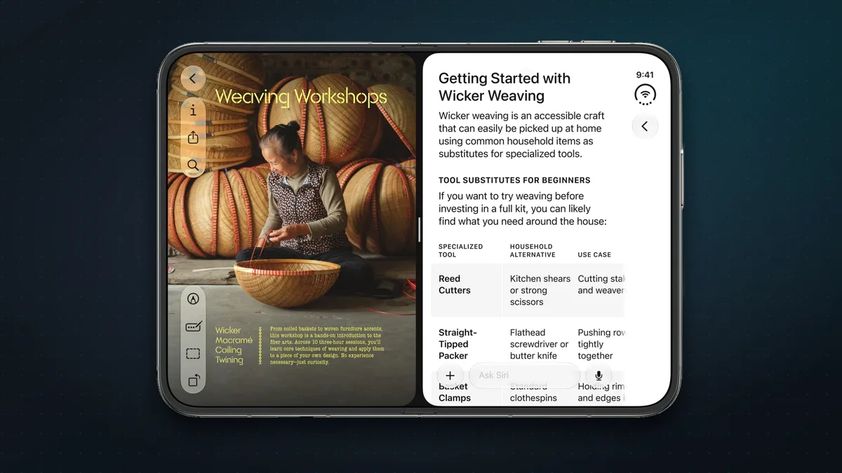 iPhone Duo open in landscape with Safari and Siri side by side in Split View