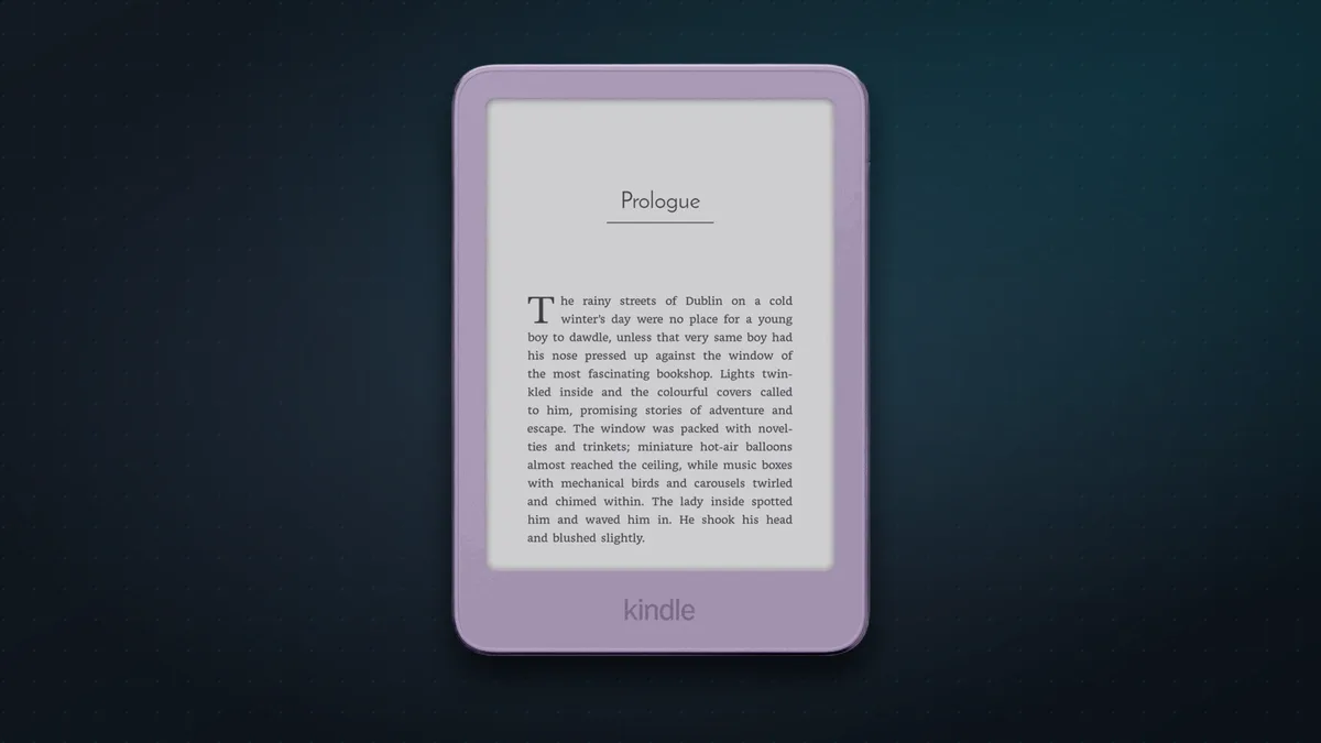 The 2026 Kindle in Ube purple, front view with a book page on screen
