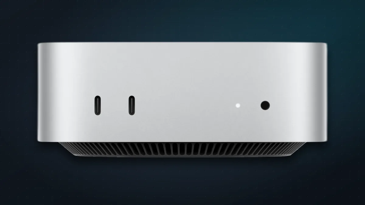 Mac mini front view showing two USB-C ports and the headphone jack