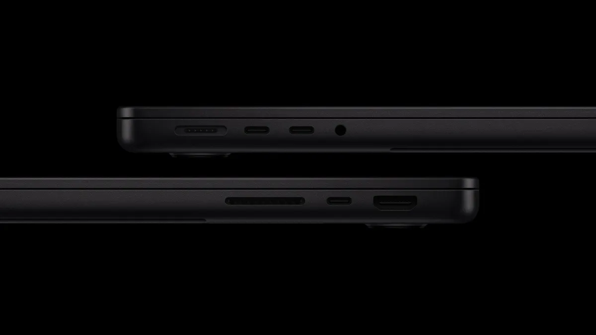 Both sides of the 14-inch MacBook Pro showing MagSafe, Thunderbolt, headphone, SD card and HDMI ports