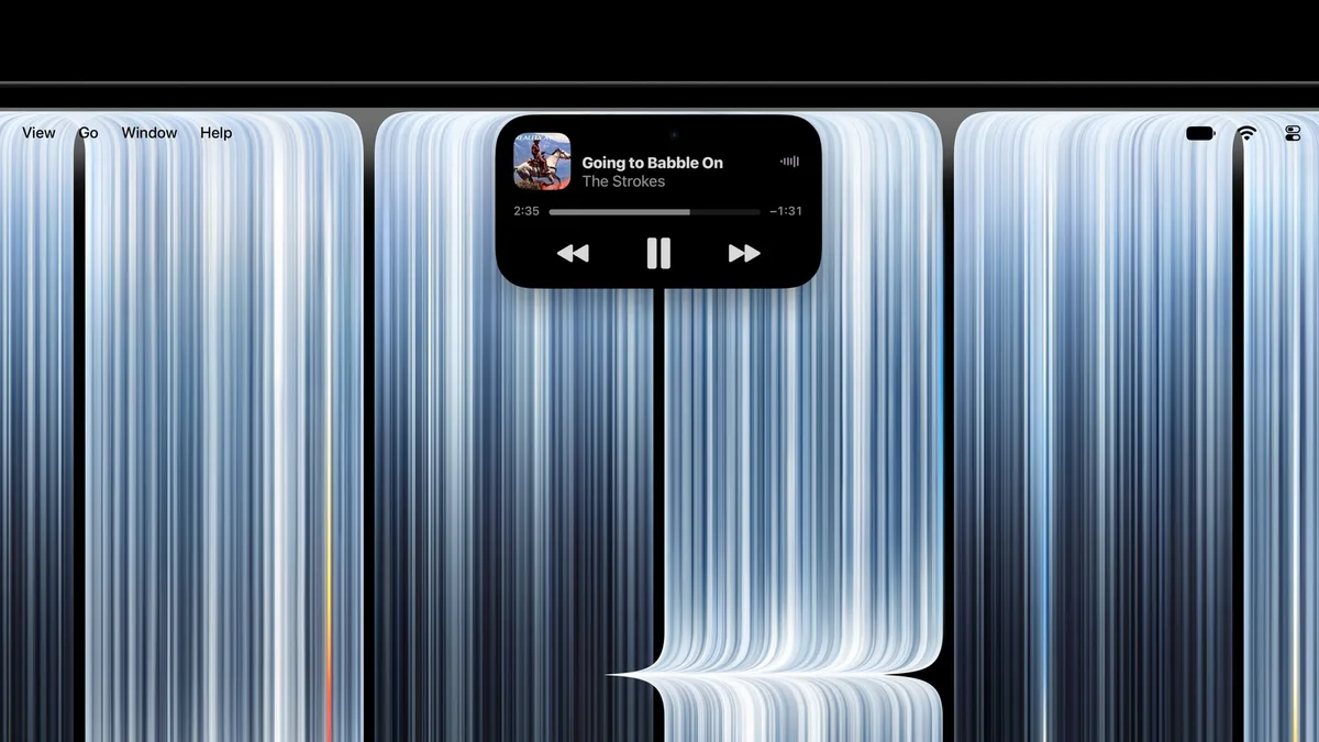 The Dynamic Island at the top of a MacBook Pro screen showing a song playing with playback controls