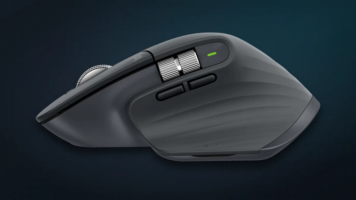 MX Master 3S side view showing the thumb wheel, back and forward buttons and the thumb rest