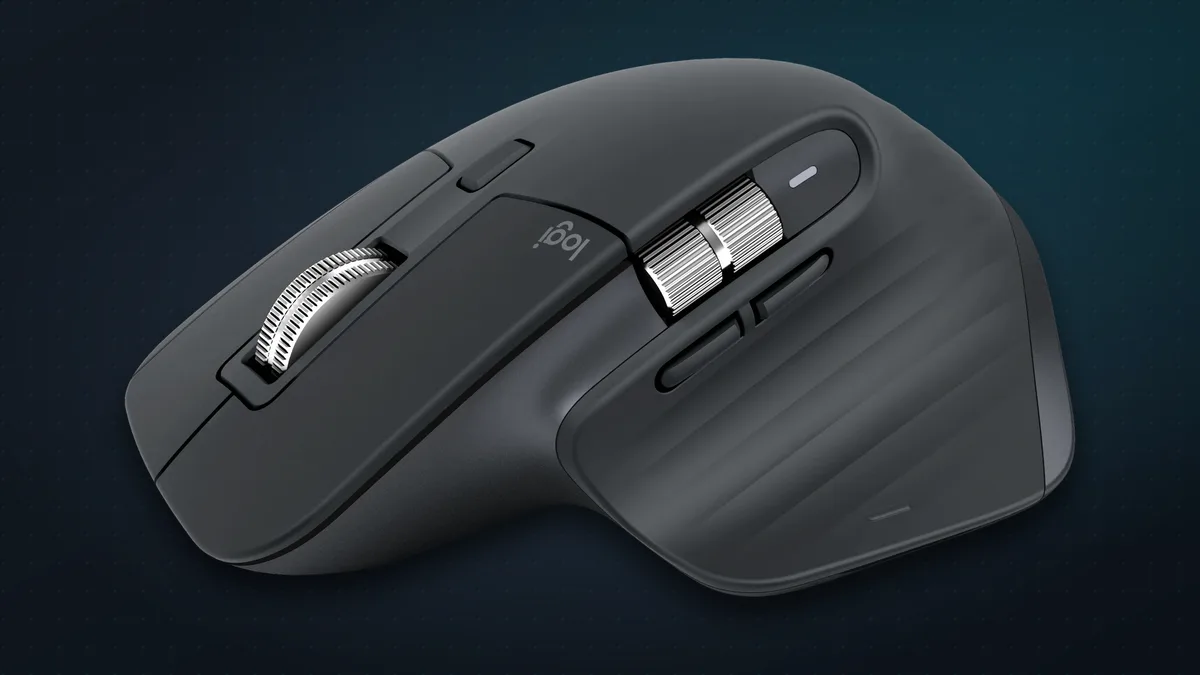 Logitech MX Master 3S in Graphite, three-quarter view showing the MagSpeed wheel and thumb wheel