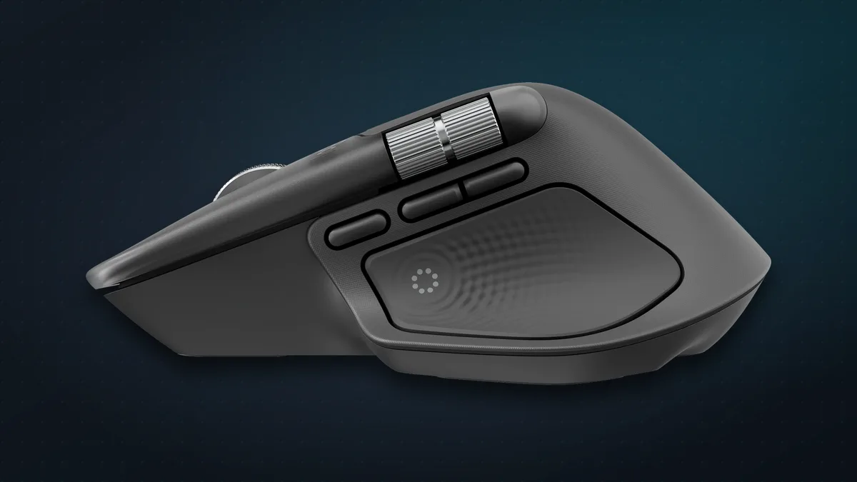 MX Master 4 side view showing the new Haptic Sense Panel under the thumb
