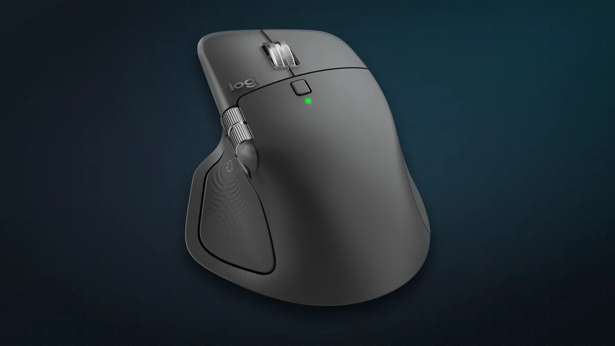Logitech MX Master 4 in Graphite, three-quarter view from the front