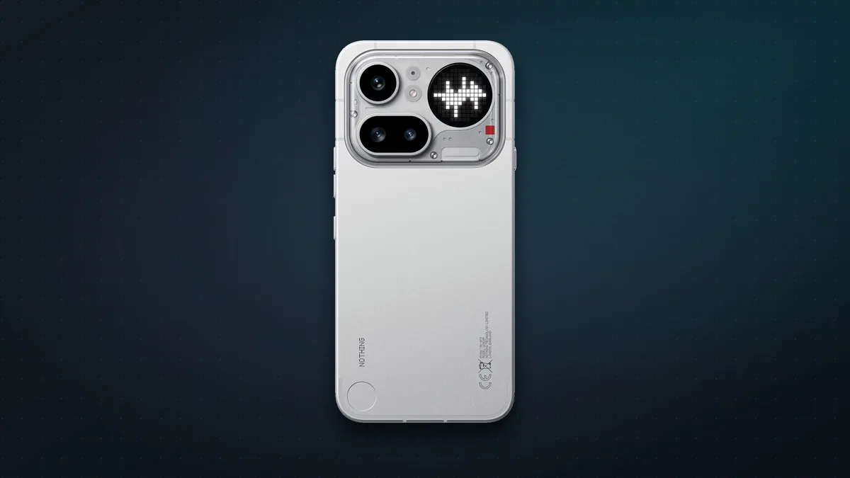 Nothing Phone (4a) Pro in white, back view with the Glyph Matrix and periscope camera