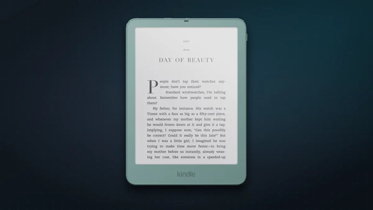 Kindle Paperwhite Signature Edition 2026 in Seaglass Green showing a page of a book