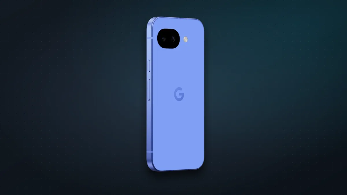 Google Pixel 10a in Lavender, three-quarter back view