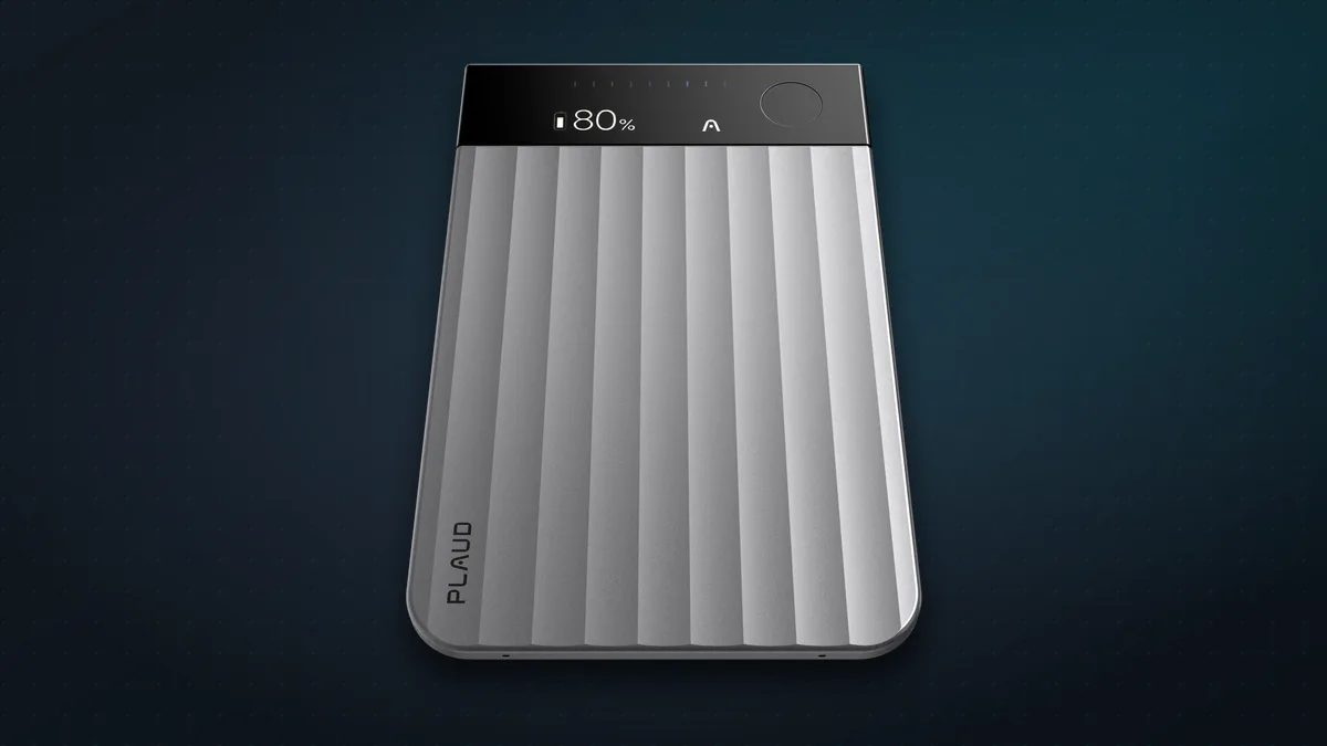 Plaud Note Pro in silver with its small status screen lit