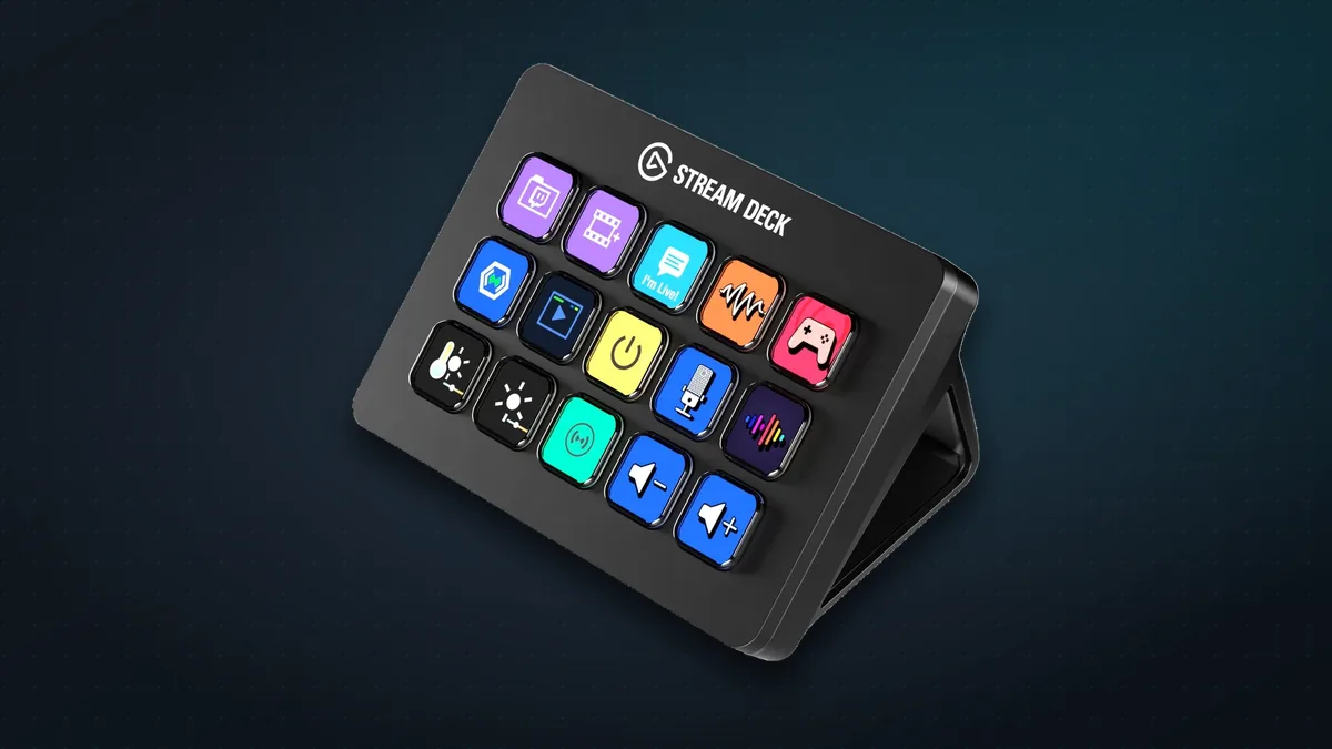 Elgato Stream Deck MK.2 in black with 15 lit icon keys on its stand