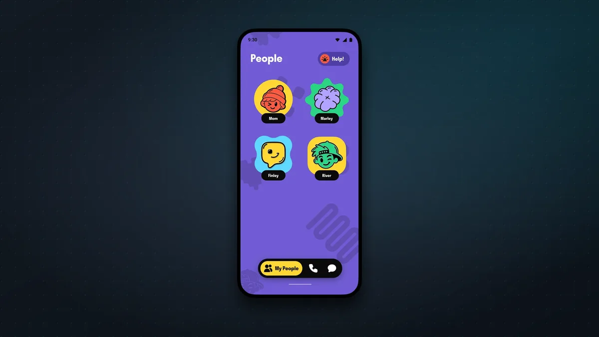 Yello's kid-friendly home screen showing four big contact tiles and a Help button