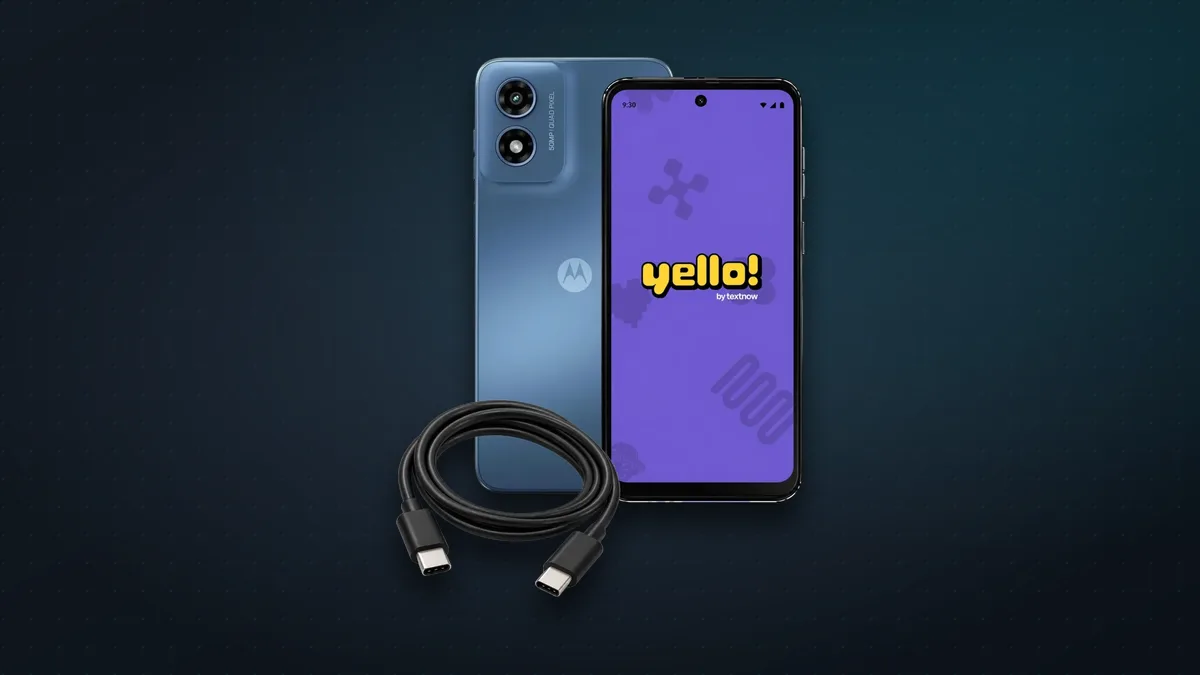 The Yello phone, a blue Motorola Moto G Play, front and back, with its USB-C cable